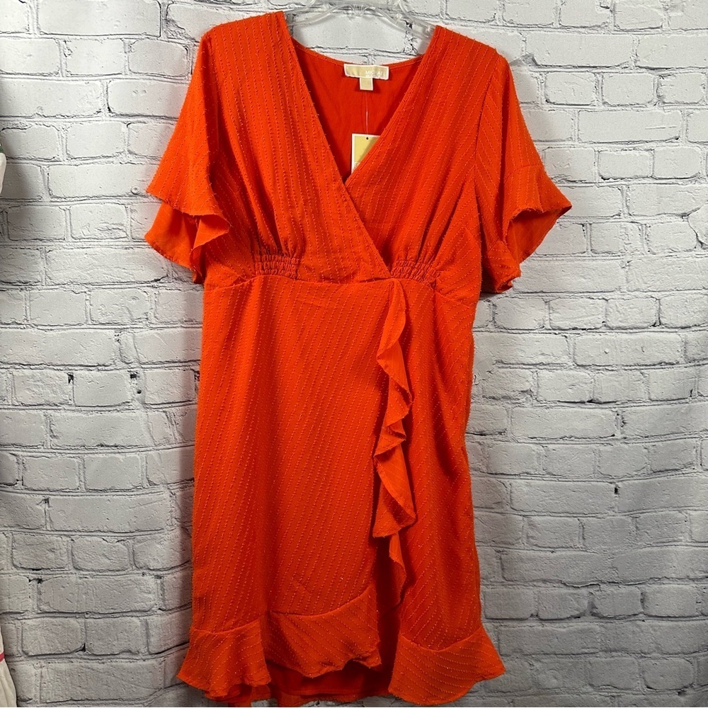 Michael Kors Faux Wrap Dress Flutter Sleeve Metallic Threads Optic Orange XL NWT